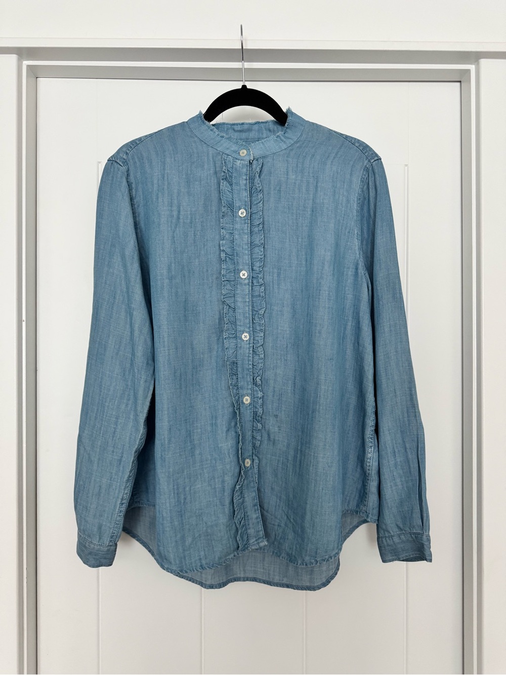 GAP Light Blue Chambray Ruffle-Front Button-Up Shirt